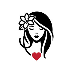 Elegant Charm Black Logo with a Woman's Face Iconic Simplicity Vector Icon of Black Female Face. beautiful floral girl with love sign icon logo