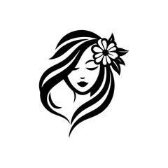 Elegant Charm Black Logo with a Woman's Face Iconic Simplicity Vector Icon of Black Female Face. beautiful floral girl with love sign icon logo