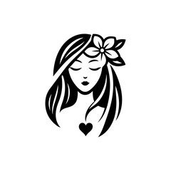 Elegant Charm Black Logo with a Woman's Face Iconic Simplicity Vector Icon of Black Female Face. beautiful floral girl with love sign icon logo