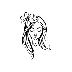 Elegant Charm Black Logo with a Woman's Face Iconic Simplicity Vector Icon of Black Female Face. beautiful floral girl with love sign icon logo