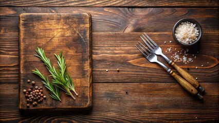 Chopping board with salt, pepper, and rosemary, accompanied by a barbeque steel fork, on a rustic brown kitchen table background