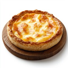 Custard pie on a wooden tray isolated on a white background, offering a rustic and homely feel.