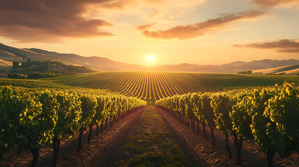 Fototapeta premium Scenic vineyard at sunset, rows of grapes and distant rolling hills.