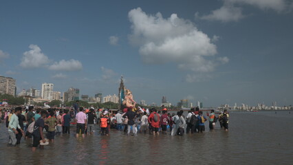 Mumbai, India - 17 September 2024 Ganesha idol brought to the seashore for immersion at Girgaon...