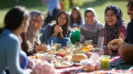 A joyful gathering of people from various backgrounds enjoying a picnic on International Friendship Day, showcasing shared food, laughter, and cultural exchange in a sunny outdoor setting