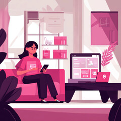 A person sitting comfortably at home makes purchases online. AI generative.