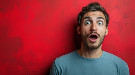 Fototapeta premium Man with a beard and a blue shirt is looking at the camera with his mouth open, standing in front of a red wall. a man with a funny, shocked facial expression on a red background with rays behind him.