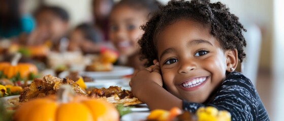 Kids enjoying a lively Thanksgiving feast, showcasing diverse foods and traditions, sharing gratitude and joy in a warm family setting filled with cultural significance