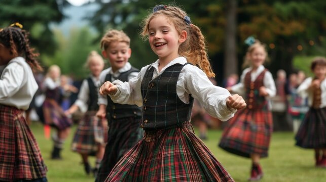 Kids in traditional Scottish attire dancing at a lively ceilidh during a Highland Games festival, showcasing cultural heritage with music, dance, and athletic competitions in a scenic setting