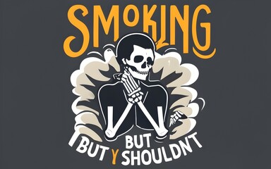 : A skeleton in a suit smoking a cigarette, surrounded by swirling smoke in a stylized design.
