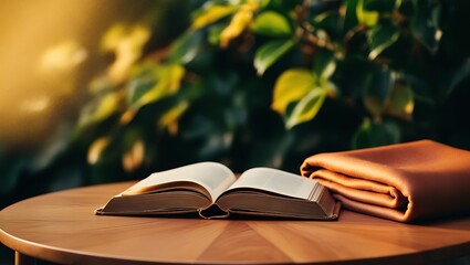 an open old book with a cozy blanket folded to the side, evoking a sense of wisdom, learning, and classic literature 