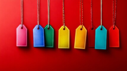 A row of colorful tags hanging from a string on a red background