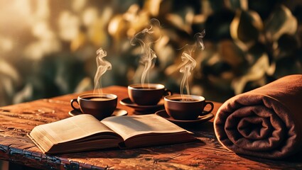 hot black coffee on a brown wooden table, with a saucer and a book beside it