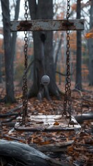 A child ghost with a creepy smile sitting on a swing in a decayed park