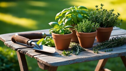 Gardening tools and flowers in a spring garden with potted plants and herbs