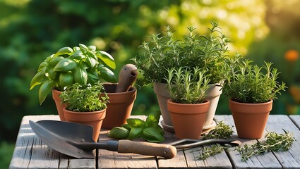 Gardening tools and flowers in a spring garden with potted plants and herbs
