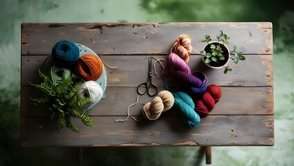 An overhead view of a rustic wooden table displays a handmade craft project with yarn, scissors, and a small potted plant. The green, leafy background remains softly out of focus.