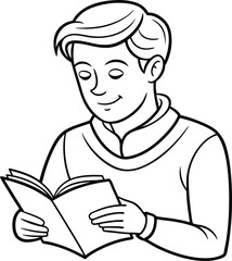 Man reading book line art vector illustration on black and white.