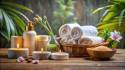 Close up view of various spa accessories neatly arranged on a table