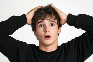 Young man with brown hair and a black shirt is looking up with his hands on his head. American man, surprised, holding his head, mouth open, frontal shot, dressed in black, plain white background