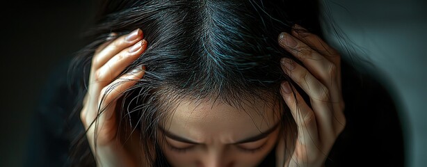 Fototapeta premium Asian women facial problem A contemplative moment capturing a woman in distress, emphasizing emotion and reflection in a dimly lit environment.