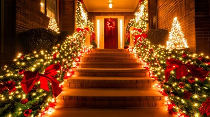 A house decorated for Christmas with lights and decorations on the steps