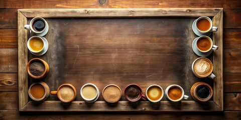 Vintage menu board with a variety of coffee cups displayed