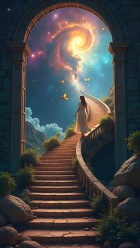 A girl climbs a heavenly staircase into the depths of the Universe. Akashic Chronicles.