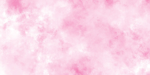 Paint leaks and ombre effects hand painted cloudy pink paper texture, Soft smeared aquarelle painted pink texture, Abstract pink sky background and white clouds on pink canvas.