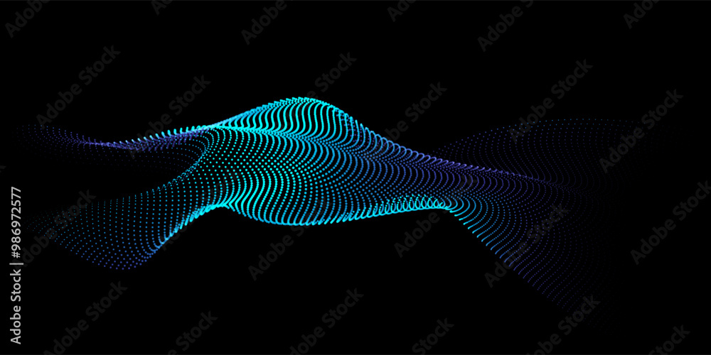 Poster Flowing dots particles wave pattern 3D curve halftone blue green gradient curve shape isolated on black background. Vector in concept of technology, science, music, modern.