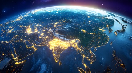 Obraz premium Satellite view of Earth globe from space, city lights by night, featuring the East Asia region and China.