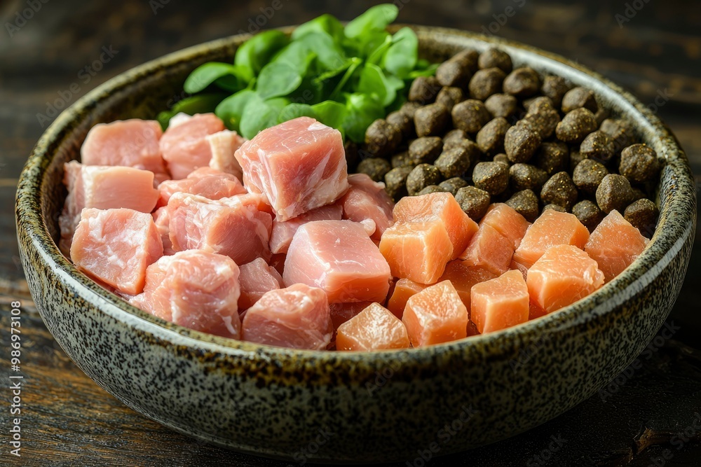 Wall mural Raw Chicken, Salmon, and Kibble Dog Food in a Bowl