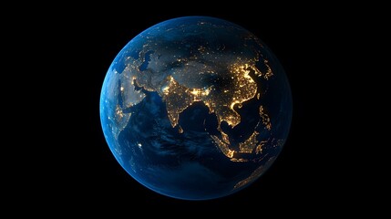 Fototapeta premium Satellite view of Earth globe from space, city lights by night, featuring the East Asia region and China.