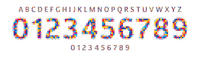 Colorful mosaic font, pixelated square shapes numbers and letters for digital logos, sports branding, jersey numbers, team merchandise. Vector typeset