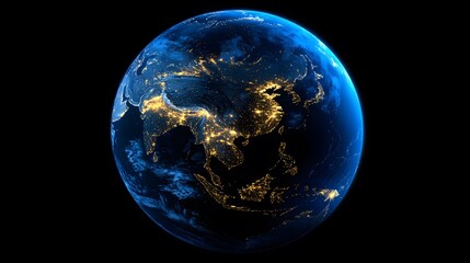 Satellite view of Earth globe from space, city lights by night, featuring the East Asia region and...