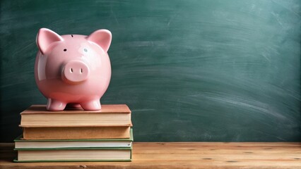A cute pink piggy bank sits on top of a stack of books, with a chalkboard in the background, representing education grants and savings for school expenses