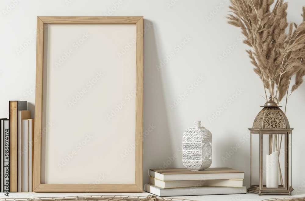 Poster a white wall with an empty picture frame leaning against it, books underneath, and decorative object