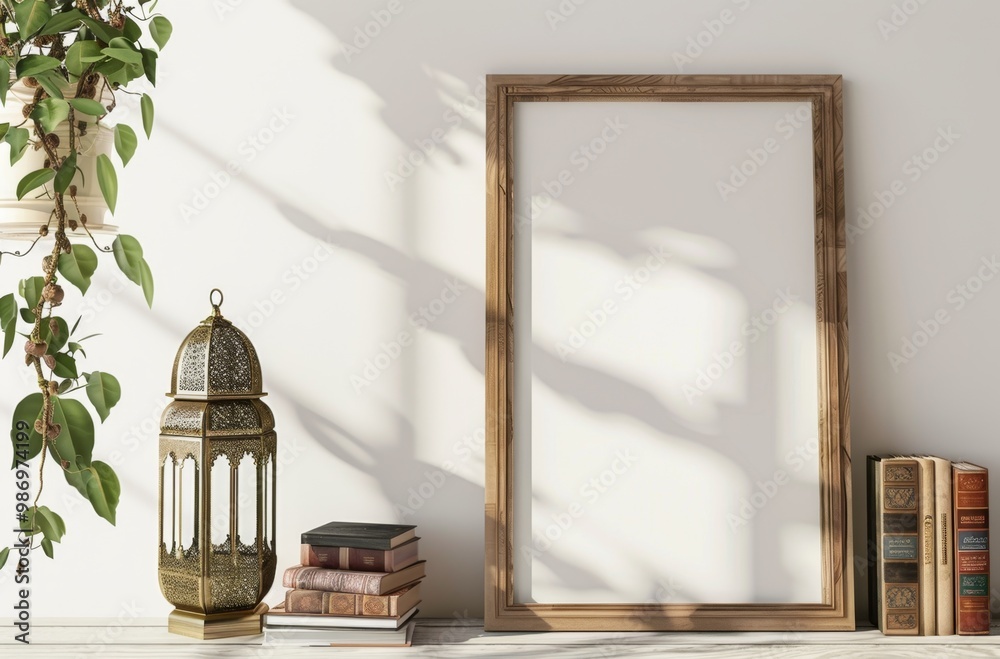 Poster a close-up image of a blank picture frame with ornate details, accompanied by a golden lantern and b