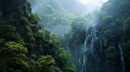 A misty waterfall descends a rocky cliff face in a lush green forest.