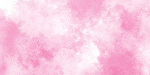 Paint leaks and ombre effects hand painted cloudy pink paper texture, Soft smeared aquarelle painted pink texture, Abstract pink sky background and white clouds on pink canvas.
