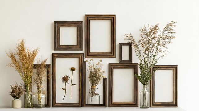 A group of frames and vases with dried flowers in them on a shelf