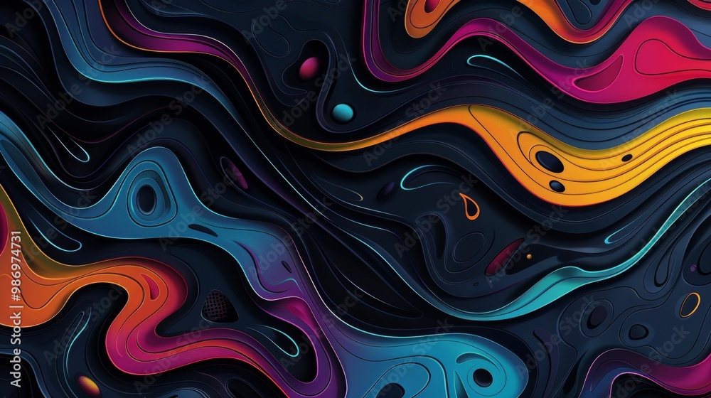 Poster a digitally rendered abstract background with flowing, layered shapes in vibrant colors on a dark ba