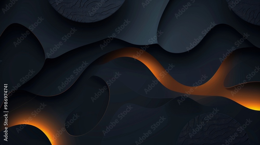 Aufkleber an abstract digital artwork with a dark blue background featuring curved shapes and textured circles