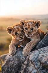 Obraz premium Two lion cubs sitting on top of a large rock