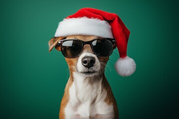 Dog wearing sunglasses and a red hat. The dog is smiling. a dog, all sporting Santa hats and sunglasses, a humorous and cool holiday vibe, in green background