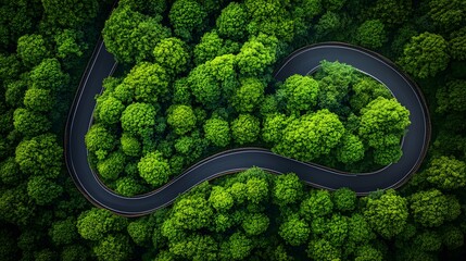 Scenic aerial view of a curved asphalt road winding through a dense green forest and mountainous terrain.