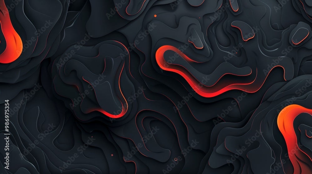 Wall mural a digital illustration of an abstract black and red pattern with 3d depth and flowing waves.