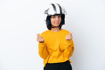Woman with a motorcycle helmet making money gesture