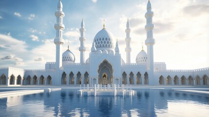 Obraz premium An architectural view of a white mosque with multiple domes and minarets reflecting in a still pool of water.