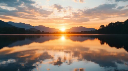 Fototapeta premium A serene sunset over a calm lake, surrounded by mountains, reflecting vibrant colors in the water and creating a tranquil atmosphere.